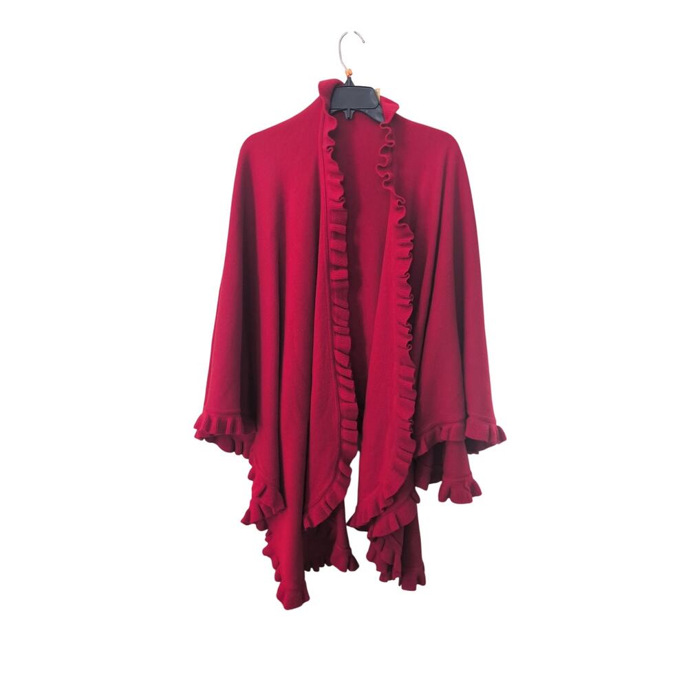 Red Ruffle Trim Wrap Shawl Poncho Cape One Size EUC